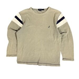 Vintage Nautica Thrashed‎ Mens Long Sleeve T Shirt Beige Striped Nautical L